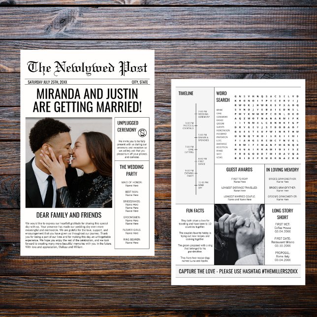 Programa de Boda en Formato de Periódico con Fotos (Newspaper Wedding Program Photo Timeline Flyer)