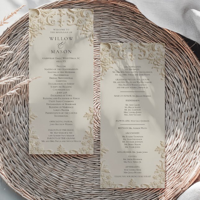 Programa de Boda en Marfil Barroco Realzado (Embossed Baroque Ivory Wedding Program)