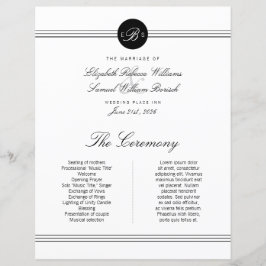Programa de Boda en Monograma Blanco Negro Elegant