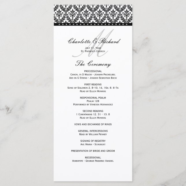 Programa de Boda en Monograma de Damasco Blanco y  (Anverso)