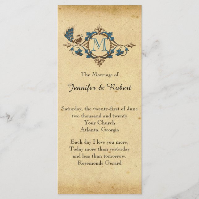 Programa de Boda en Monograma de Peacock Vintage (Anverso)