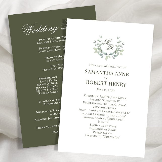 Programa de Boda en Monograma Personalizado Verde (Olive green elegant laurel leaf motif wedding program. )