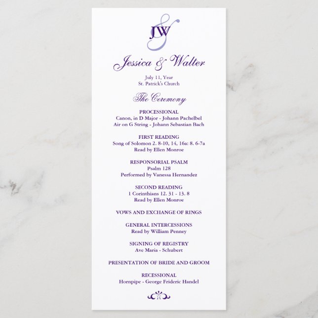 Programa de Boda en Monograma Púrpura (Anverso)