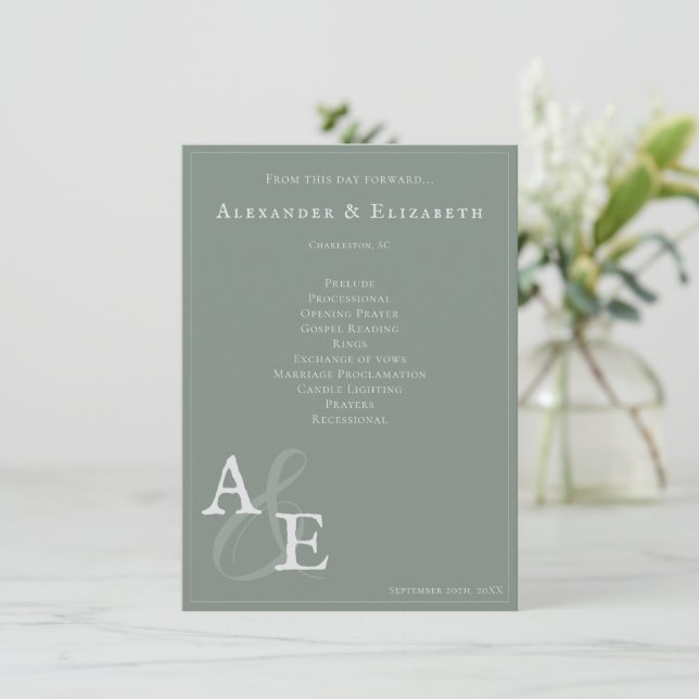 Programa de Boda en Monograma Verde Sage Minimalis (Anverso de pie)