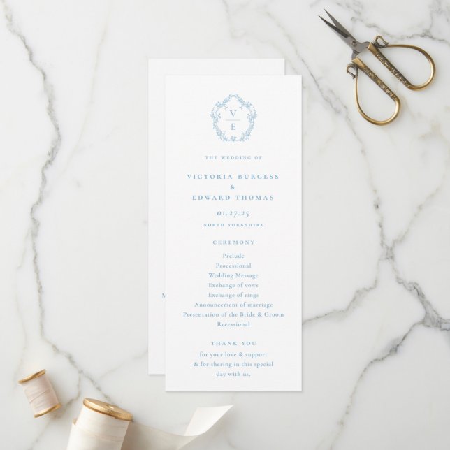 Programa de Boda Escudo de Monograma Azul Luz Vint (Anverso/Reverso In Situ)