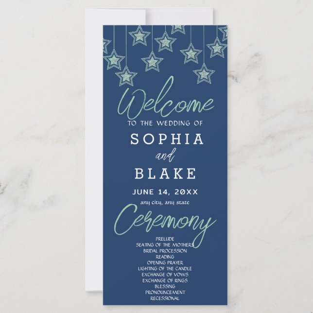Programa de Boda Estrellas Verdes Colgantes Azul O (Anverso)