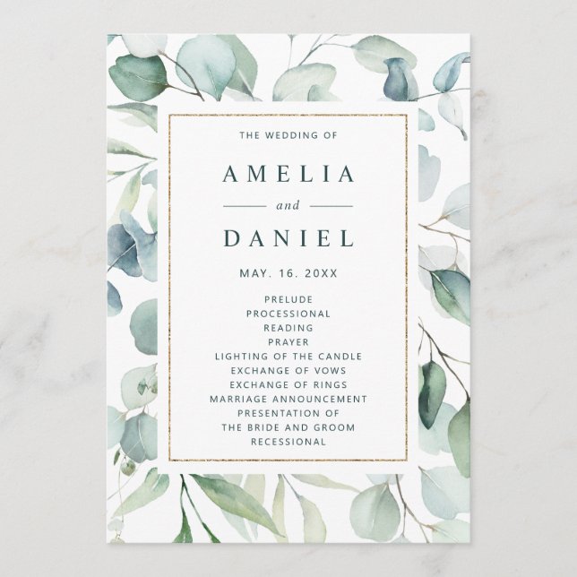 Programa de Boda Eteral Eucalyptus Gold Greenery (Anverso)