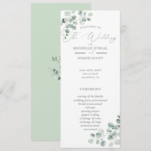 Programa de Boda Eucalyptus Sage Green Watercolor (Anverso / Reverso)