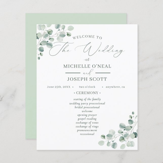 Programa de Boda Eucalyptus Sage Green Watercolor (Anverso / Reverso)
