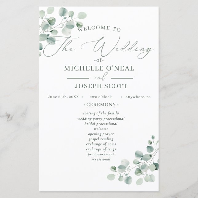 Programa de Boda Eucalyptus Sage Green Watercolor (Anverso)