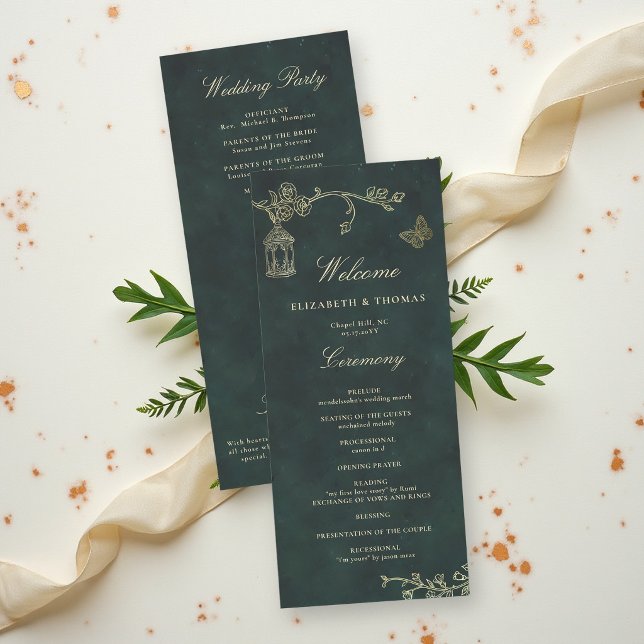Programa de Boda Fairycore Bosque Esmeralda Verde (fairycore woodland enchanted forest emerald green faux gold wedding welcome card roses wild)