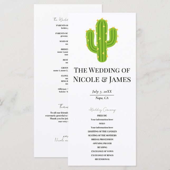 Programa de Boda Fiesta del Cactus de Corazón Amar (Anverso / Reverso)