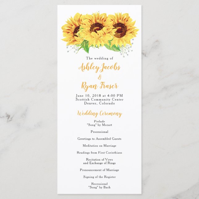 Programa de Boda Flora de agua de girasol amarillo (Anverso)