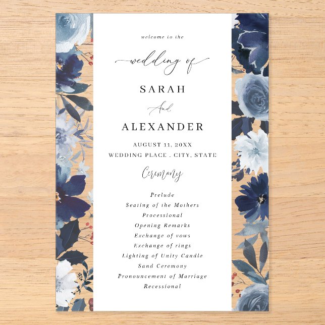 Programa de Boda Floral Acrílico Azul y Azul Marin (Anverso)