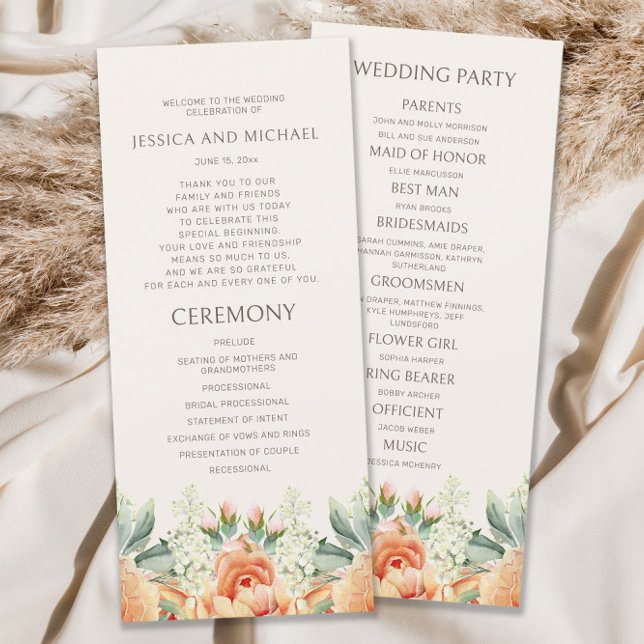 Programa de Boda Floral Acuarela con Crema de Melo (Peach and cream-colored watercolor floral wedding program)