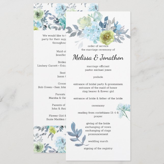 Programa de Boda Floral Amarillo Azul Claro Verde (Anverso / Reverso)
