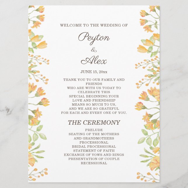 Programa de Boda Floral Amarillo Pastel a 2 Caras (Anverso)