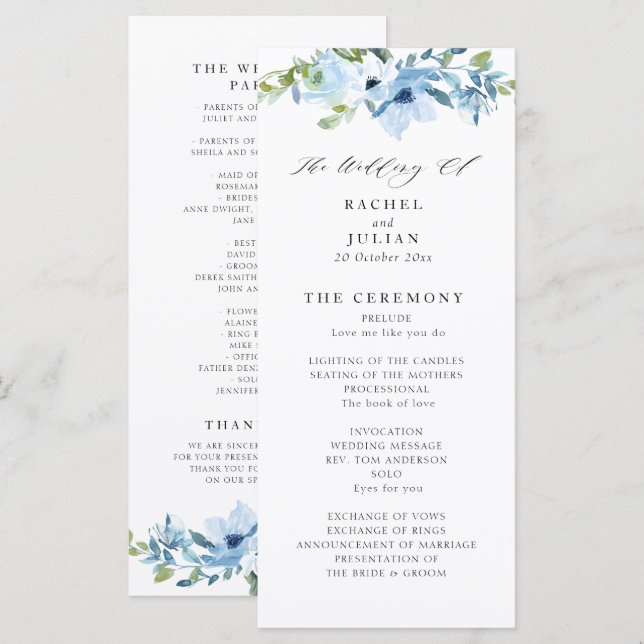 programa de boda floral azul claro y elegante (Anverso / Reverso)