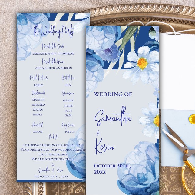 Programa de Boda Floral Azul de acuarela de bonito (Pretty Watercolor Blue Floral Wedding Program)