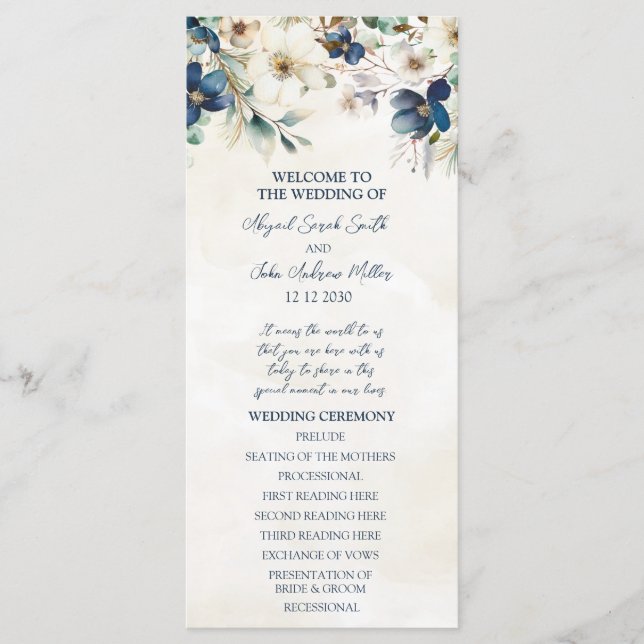 Programa de Boda Floral Azul Elegante de Invierno (Anverso)