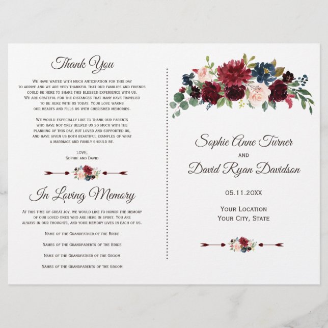 Programa de Boda Floral Azul Marino Merlot Encanta (Anverso)