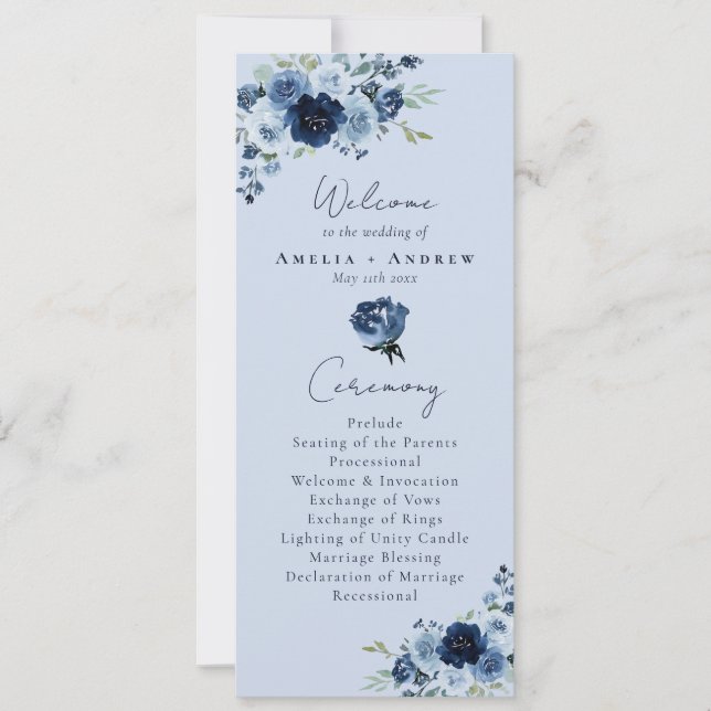Programa de Boda Floral Azul Polvo Rosa Navy (Anverso)