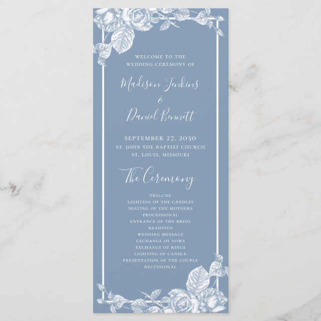 Programa de Boda Floral Azul Polvoriento (Anverso)