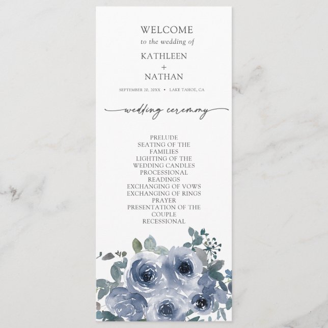 Programa de boda floral azul polvoriento (Anverso)