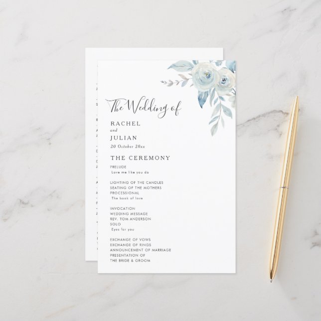 Programa de boda floral azul polvoriento acuarela (Anverso/Reverso In Situ)