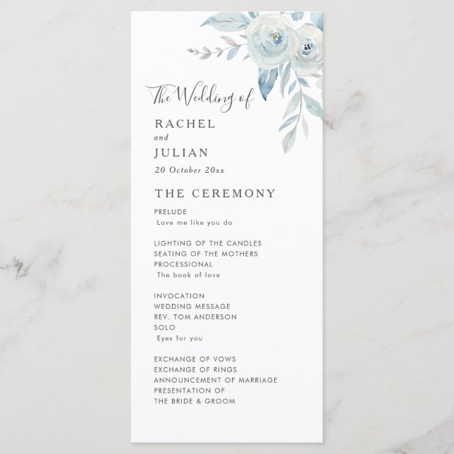 Programa de boda floral azul polvoriento acuarela (Anverso)