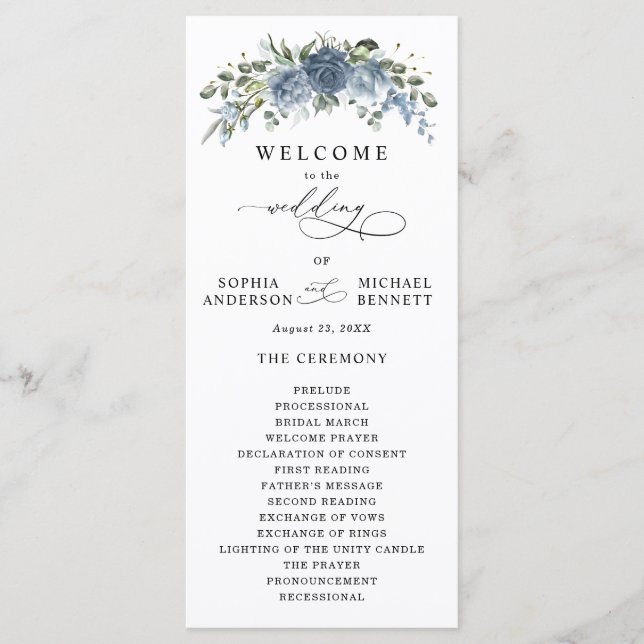 Programa de Boda Floral Azul Polvoriento Elegante (Anverso)