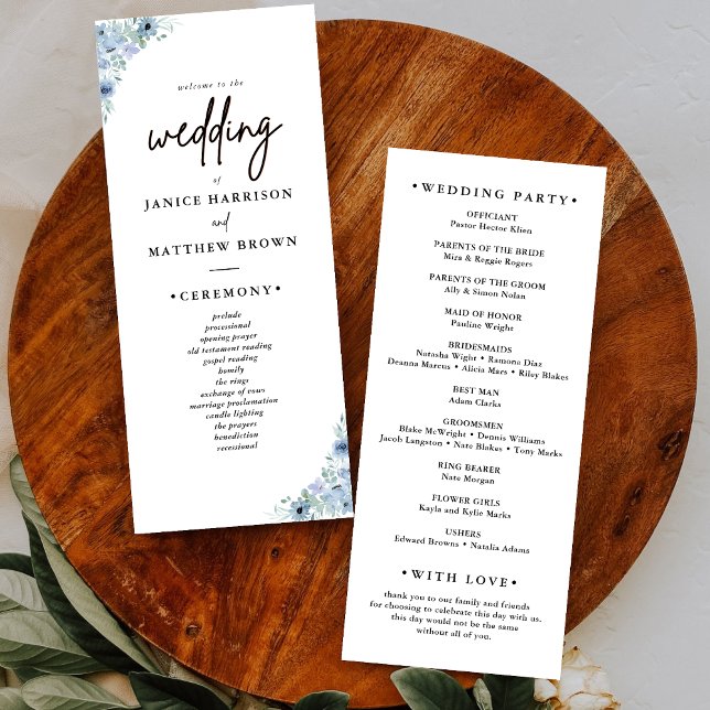 Programa de Boda Floral Azul Polvoriento Elegante (Elegant dusty blue floral wedding program guides guests through your ceremony with graceful charm)