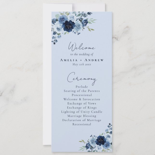 Programa de boda floral azul polvoriento rosa nava (Anverso)