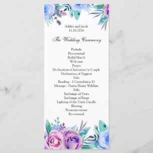 Programa de boda floral azul. Tarjeta de ceremonia