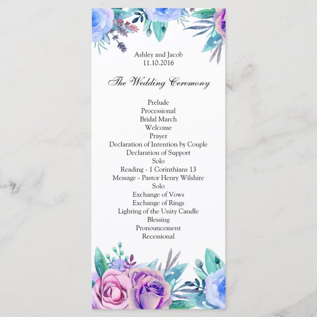 Programa de boda floral azul. Tarjeta de ceremonia (Anverso)