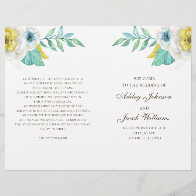 Programa de boda floral azul y amarillo doblado (Anverso)