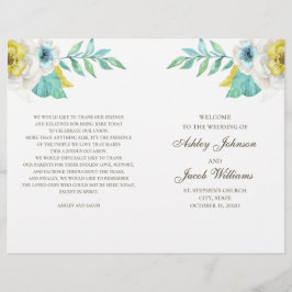 Programa de boda floral azul y amarillo plegado