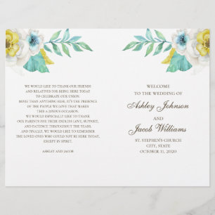 Programa de boda floral azul y amarillo plegado