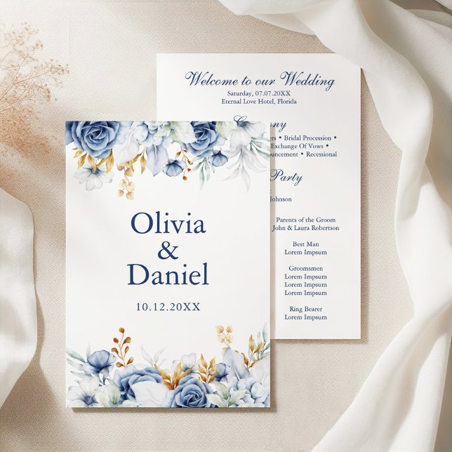 Programa de Boda Floral Azul y Dorado Moderno (Modern Bluen and Gold Floral Wedding Program on an elegant white wedding table)