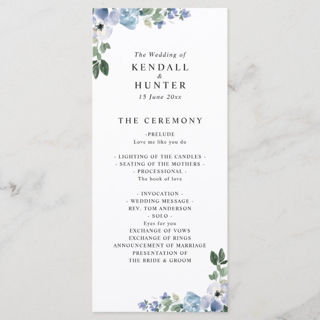 programa de boda floral azul y verde (Anverso)