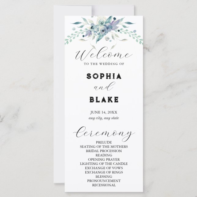 Programa de Boda Floral Azul y Verde Elegante (Anverso)