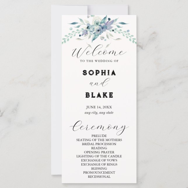 Programa de Boda Floral Azul y Verde Elegante Crem (Anverso)