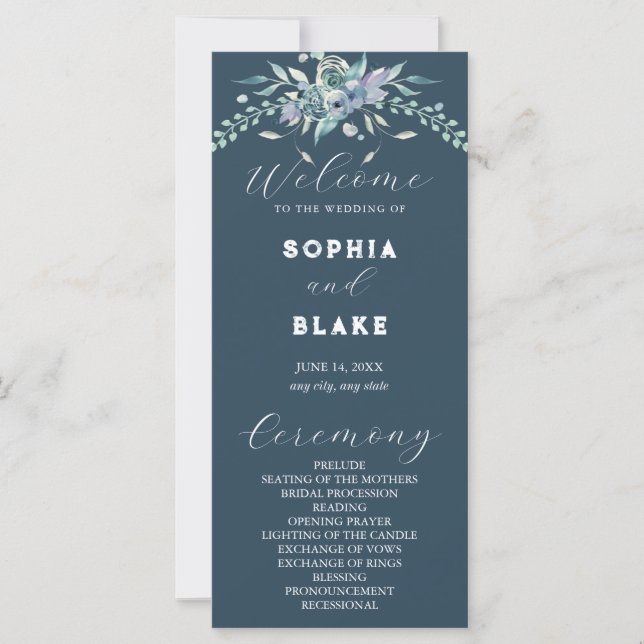 Programa de Boda Floral Azul y Verde Elegante Gris (Anverso)