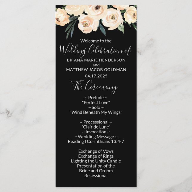 Programa de Boda Floral Beige Negro (Anverso)