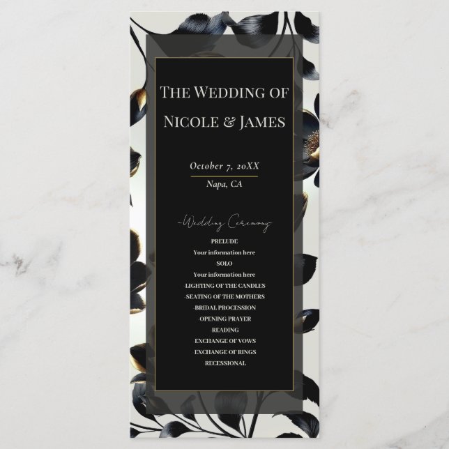 Programa de Boda Floral Beige Negro y Dorado (Anverso)