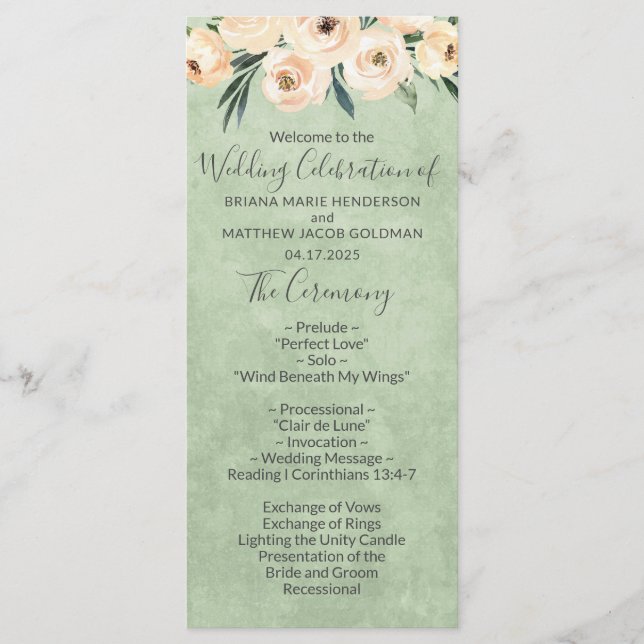 Programa de Boda Floral Beige Rubor Verde Sage (Anverso)