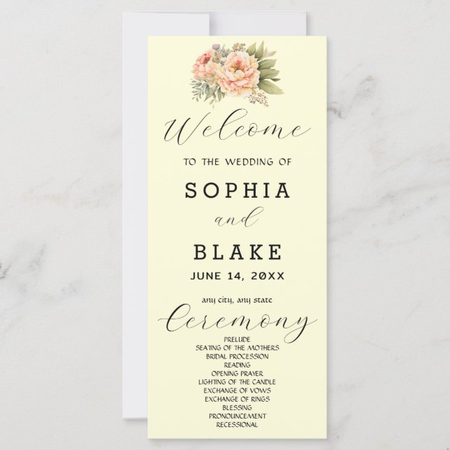 Programa de Boda Floral Blanco Romántico Amarillo (Anverso)