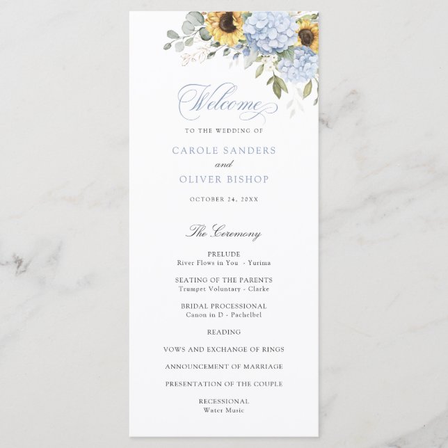 Programa de Boda Floral Blue Hydrangea Sunflowers (Anverso)