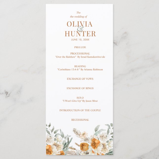 Programa de Boda Floral Bohemia Moderna Terracota  (Anverso)