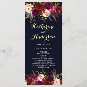 Programa de Boda Floral Boho Burgundy Marsala Navy